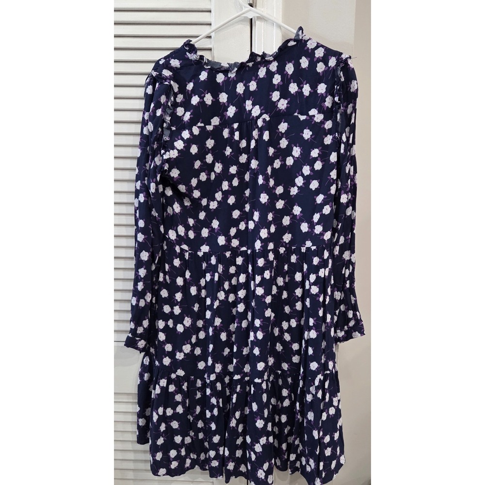J.Crew Navy Blue/White/Purple Tie-Neck Tiered Dress Scattered Peony Print Medium - Picture 2 of 7